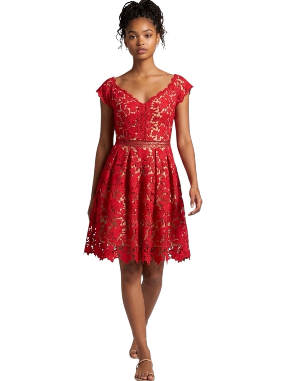 Francesca Sheer Red Lace Feminine Party Event Fit & Flare Dress NWOT Size M